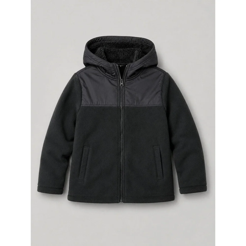 NWT Old Navy Hooded Fleece Jacket Kids Boy M 8 Black Sherpa Lined Mixed Media